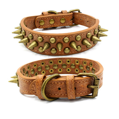 Bronze pointed rivet pet collarProduct name: Anti - bite bronze rivet pet collar
 
 
 Material: PU
 
 Hardware material: zinc alloy + bronze color


 
 
 size 
 size 
 
 Neck circumference
  
 
  Bronze pointed rivet