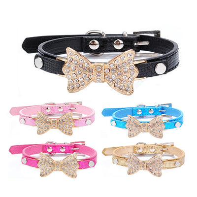 Bowknot Pet Collar Rhinestone Dog Pen Dog SuppliesProduct information:
 
 Material: PU
 
 Product Category: Collar
 
 Brand: Golden Bow Tie
 
 Color: Gold, blue, black, red, pink, rose red, silver
 
 Specifications Bowknot Pet Collar