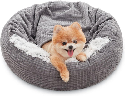 Small Dog Bed With Blanket Attached, Round Calming Hooded Cozy Cave Do【Provide better sleep】2 in 1 covered pet bed comes with an attached pet blanket, the round shape design and raised edges provide a good sense of security and head suSmall Dog Bed