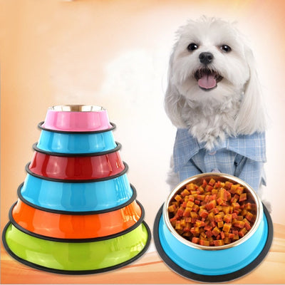 pet bowl pet feeding basinDescribe:
 
 1. [Water and food dual use]-pet bowl combined with 1 stainless steel bowl and 1 colorful exterior melamine pot-one for food and one for water. The 2 pipet feeding basin